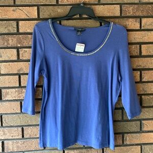 Elena Solano Women’s 1X NWT Indigo 3/4 Sleeve Top Gunmetal Beaded Neck